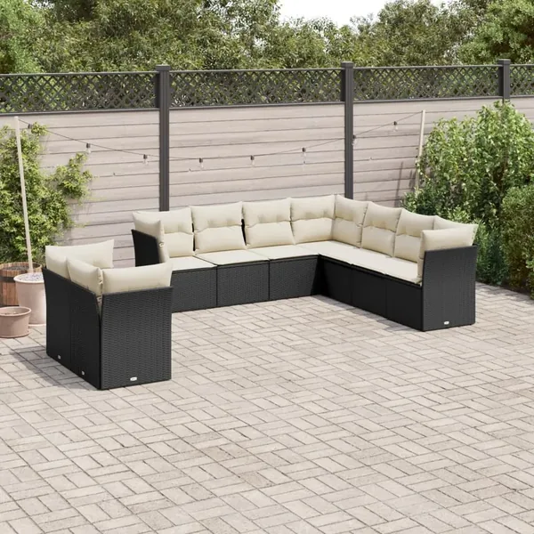 Salon de jardin 9 pcs avec coussins noir résine tressée