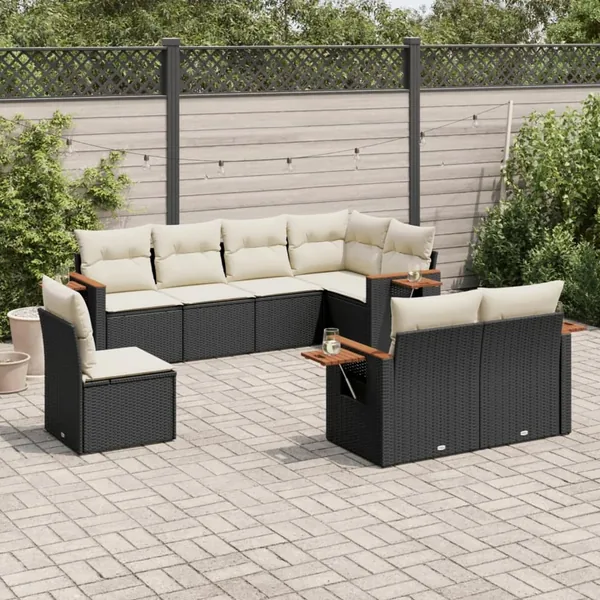 Salon de jardin 8 pcs avec coussins noir résine tressée