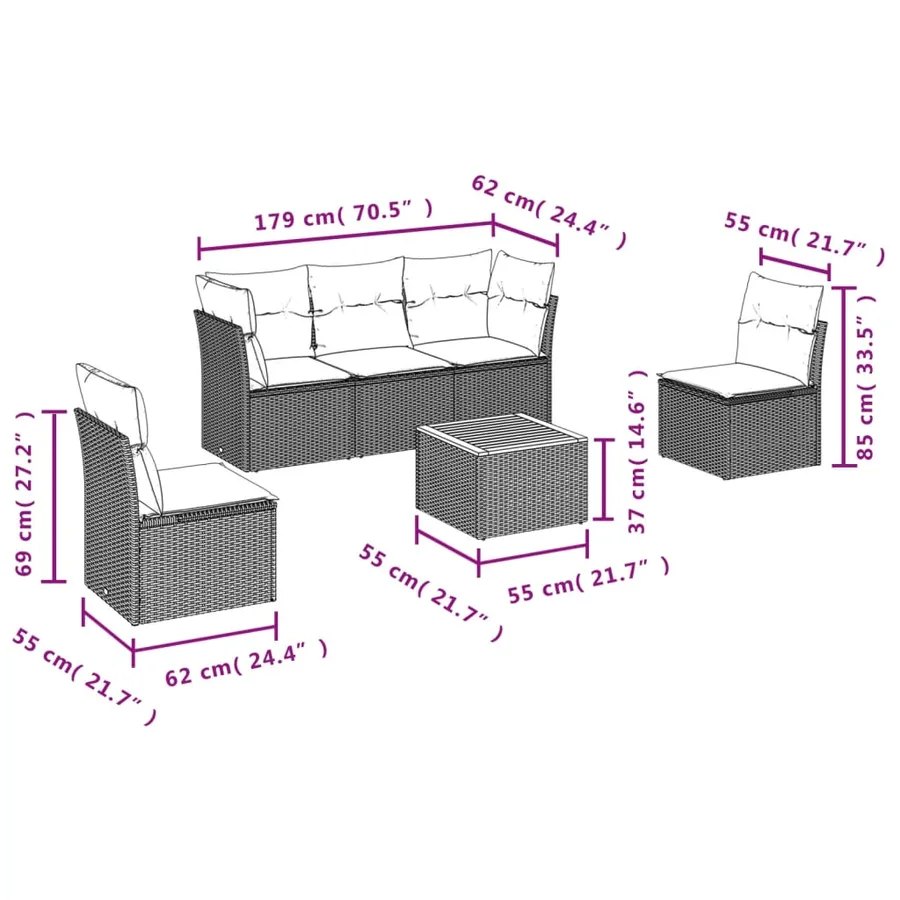Salon de jardin 6 pcs avec coussins noir résine tressée - 3