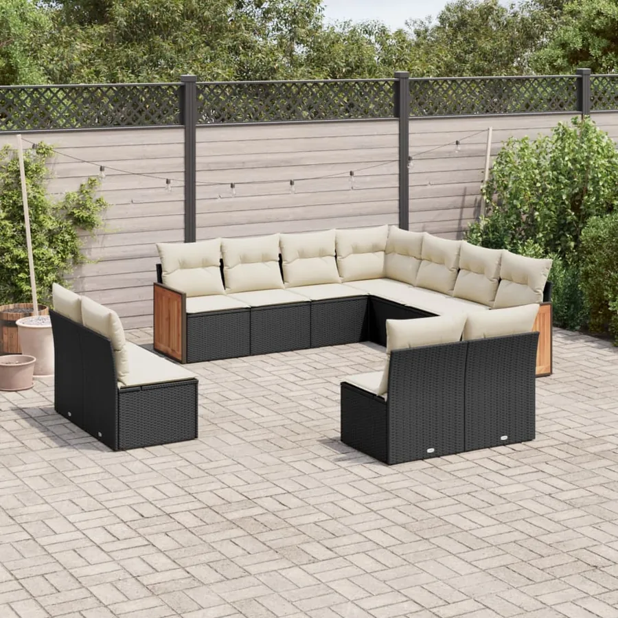 Salon de jardin 11 pcs avec coussins noir résine tressée