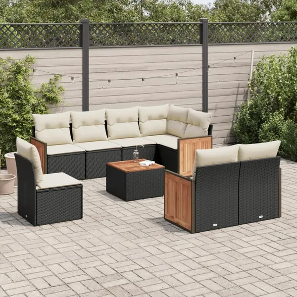 Salon de jardin 9 pcs avec coussins noir résine tressée