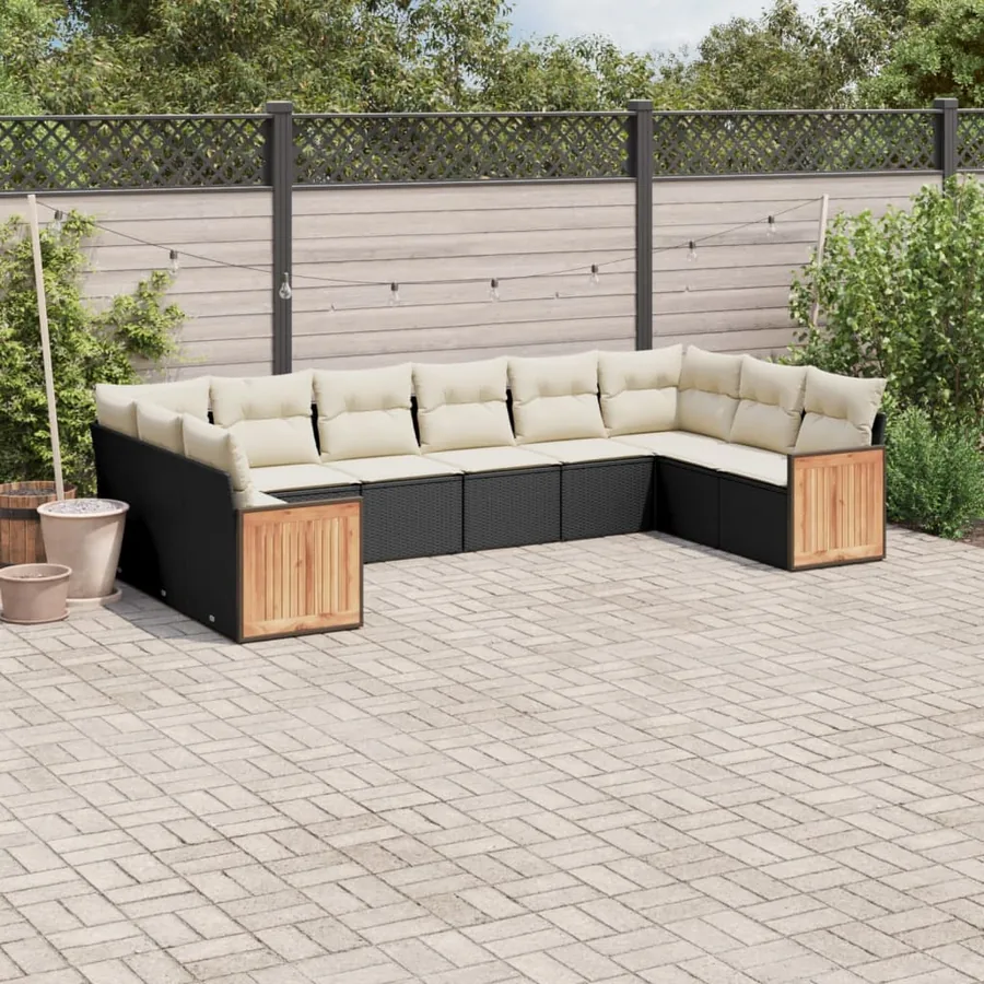 Salon de jardin 10 pcs avec coussins noir résine tressée