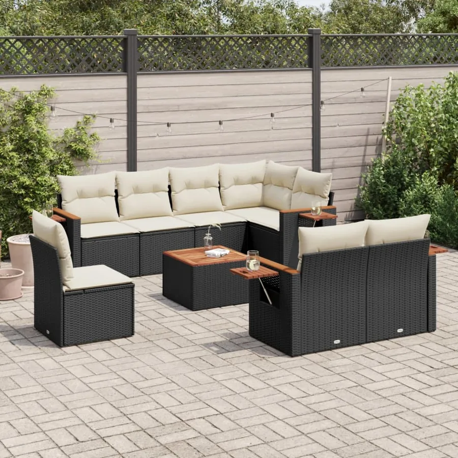 Salon de jardin 9 pcs avec coussins noir résine tressée