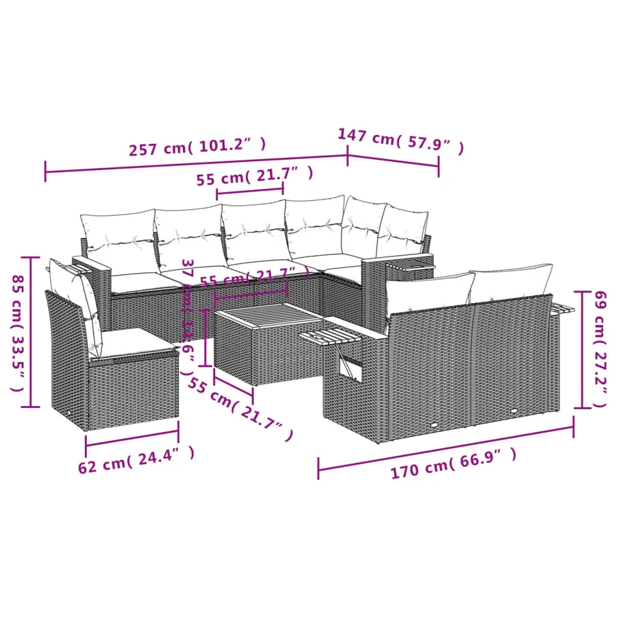 Salon de jardin 9 pcs avec coussins noir résine tressée - 9
