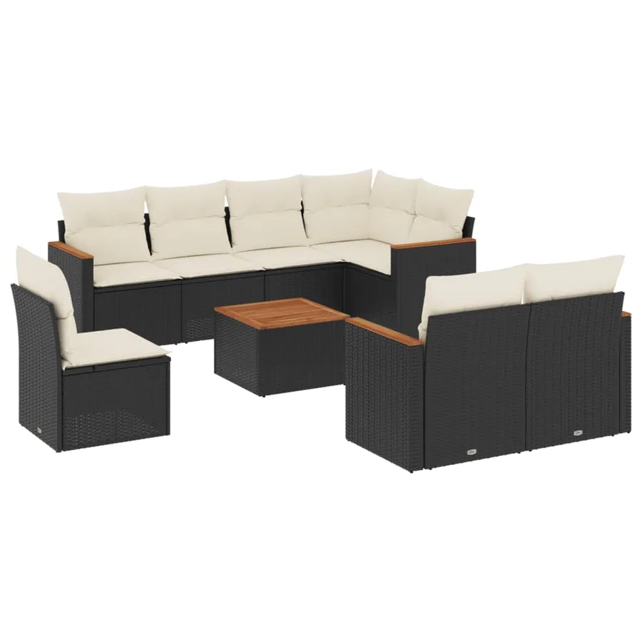 Salon de jardin 9 pcs avec coussins noir résine tressée - 2