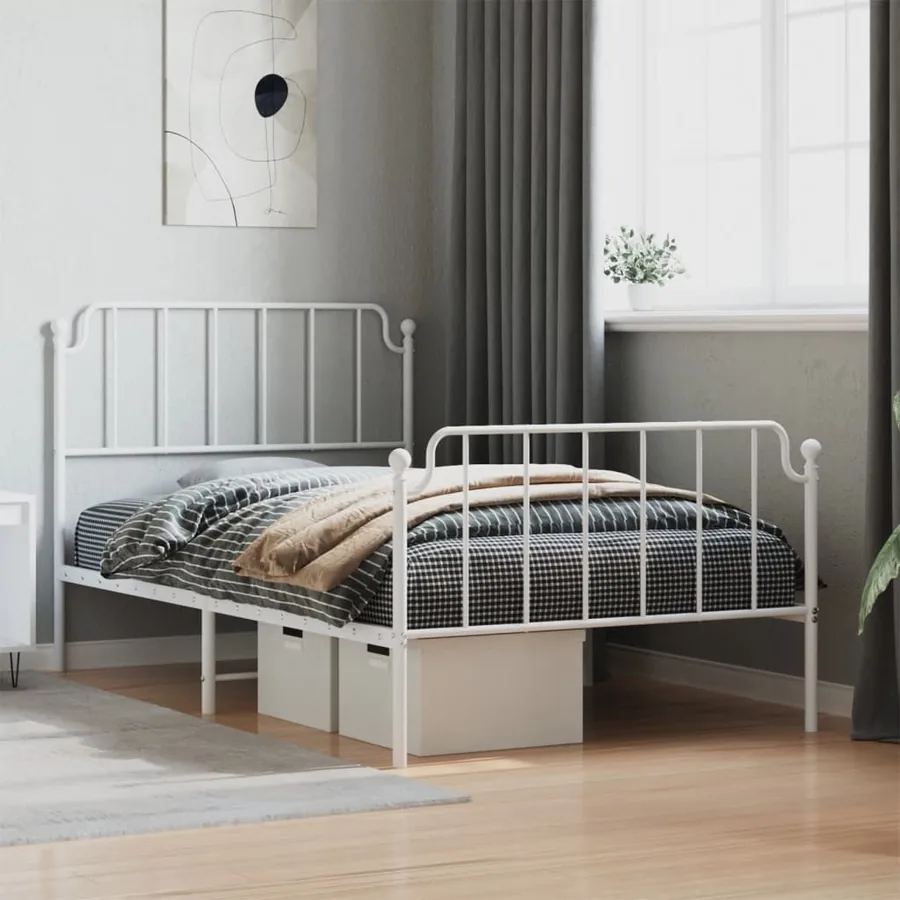 Cadre de lit métal sans matelas et pied de lit blanc 107x203 cm