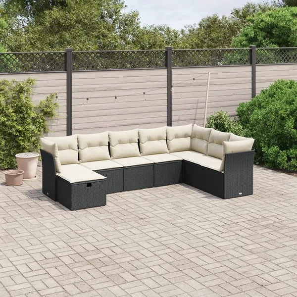 Salon de jardin 8 pcs avec coussins noir résine tressée