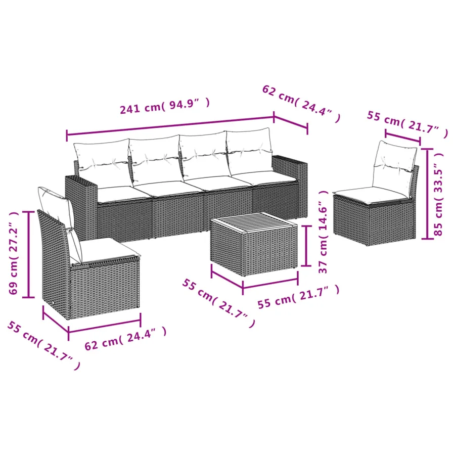 Salon de jardin 7 pcs avec coussins noir résine tressée 65,5 x 62 x 69 cm - 52,4 kg - 3