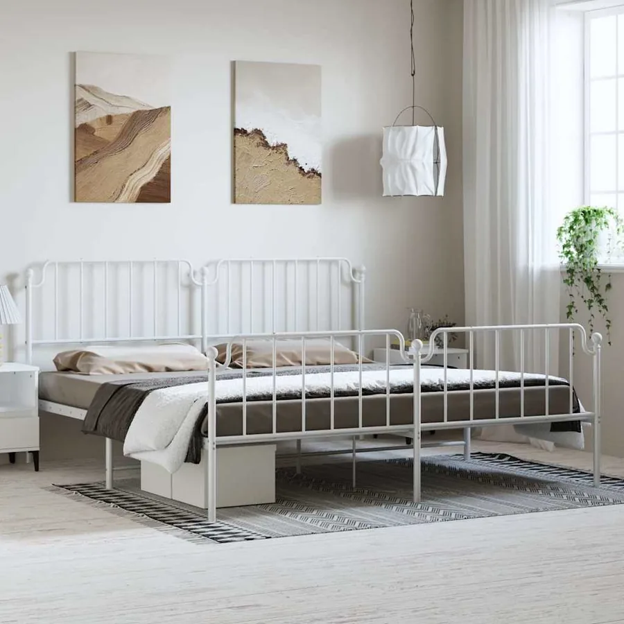 Cadre de lit métal sans matelas et pied de lit blanc 183x213 cm