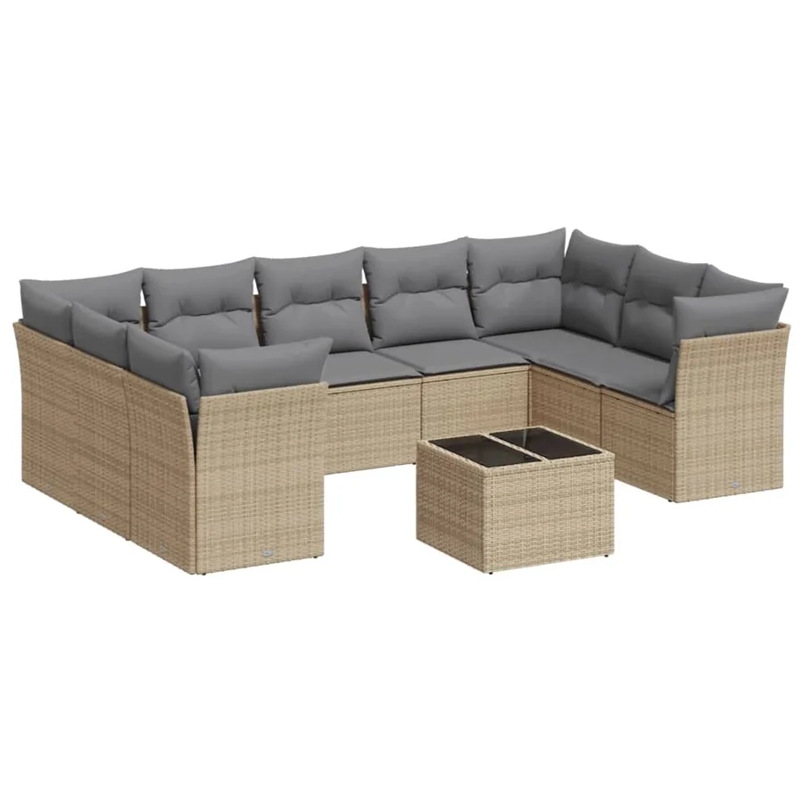 Salon de jardin avec coussins 10 pcs beige résine tressée - 2