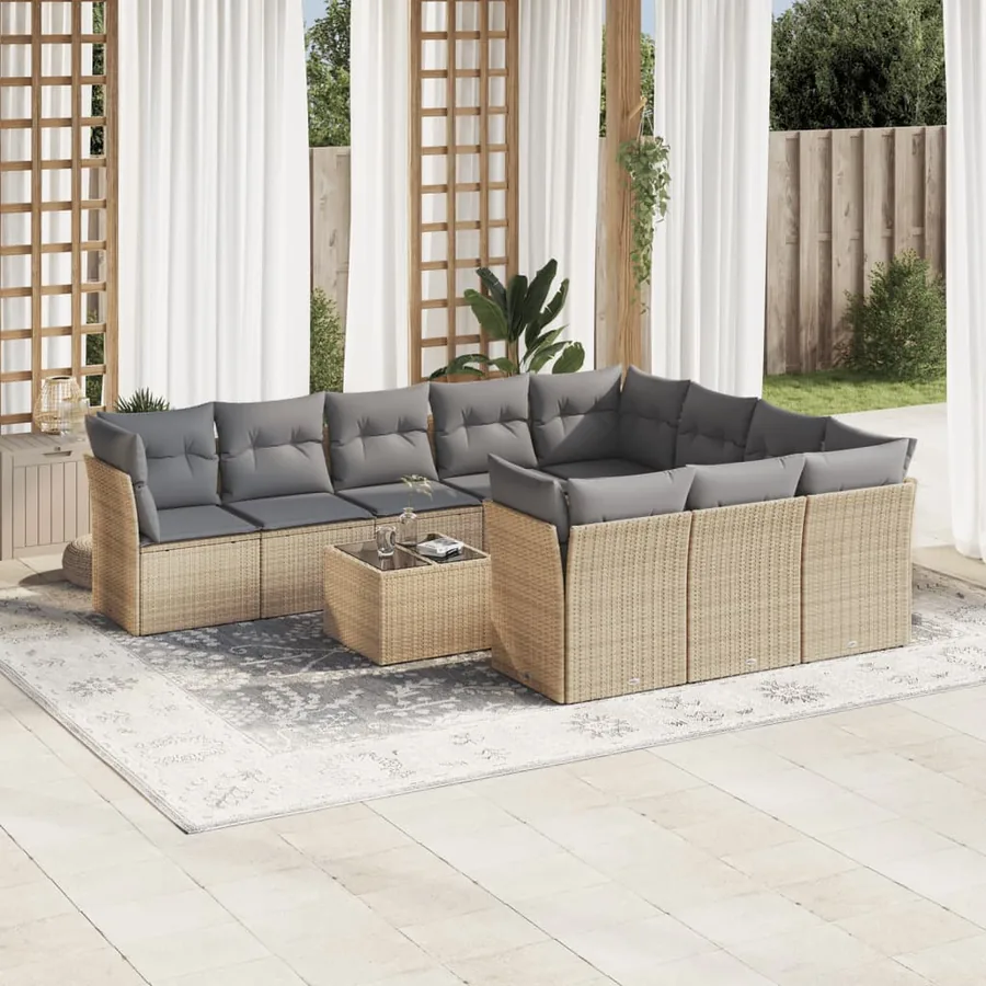 Salon de jardin 11 pcs avec coussins beige résine tressée