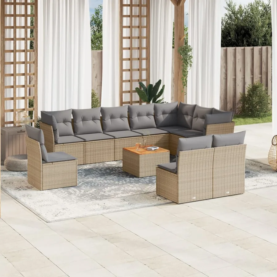 Salon de jardin 11 pcs avec coussins beige résine tressée