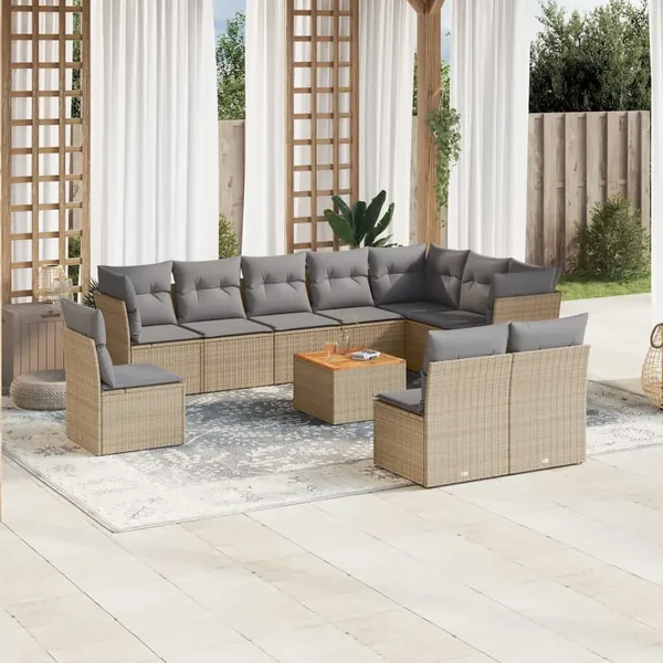 Salon de jardin 11 pcs avec coussins beige résine tressée