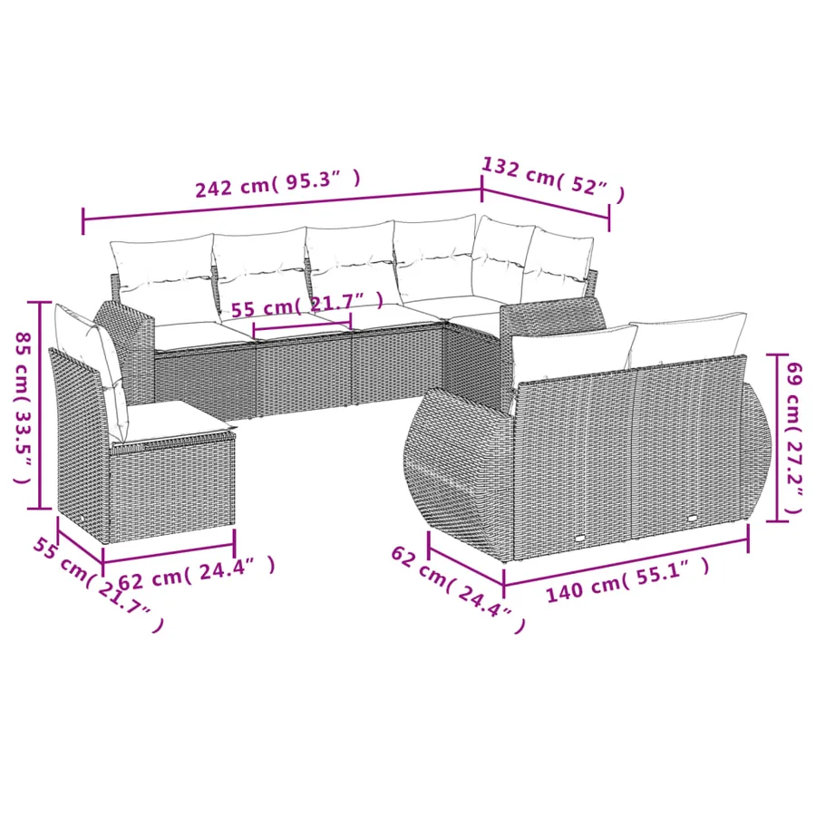 Salon de jardin avec coussins 8 pcs beige résine tressée - 7