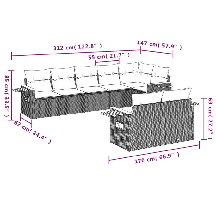 Salon de jardin avec coussins 8 pcs beige résine tressée - 8