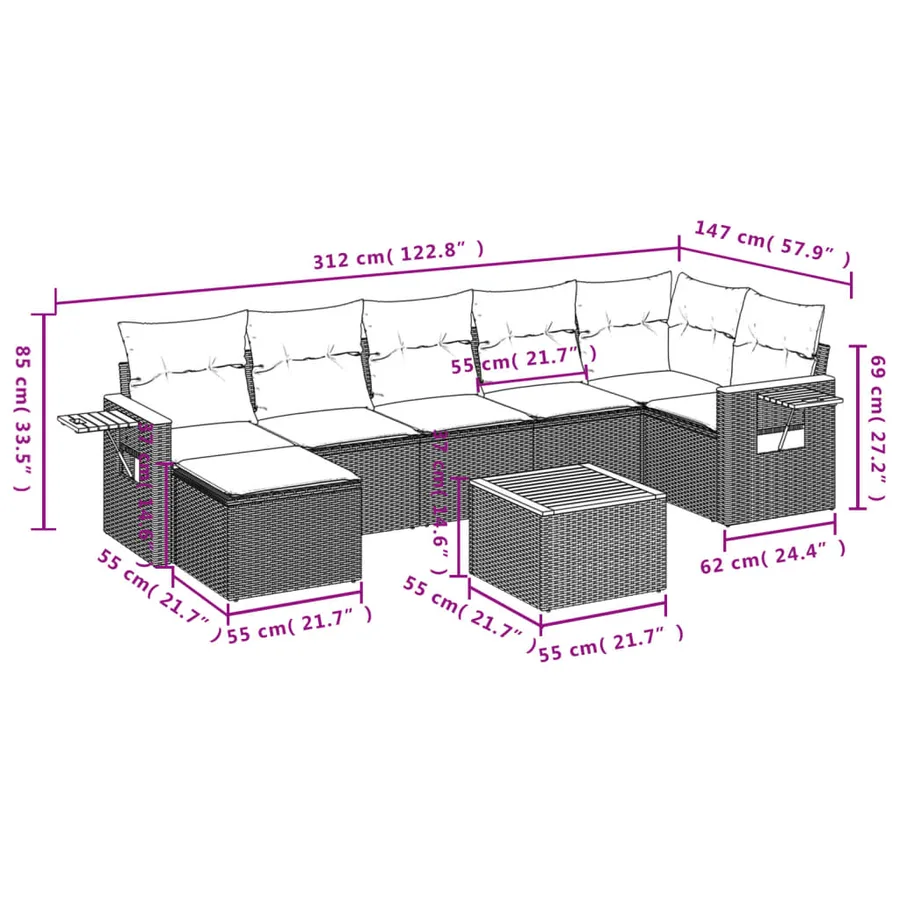 Salon de jardin 8 pcs avec coussins noir résine tressée - 10