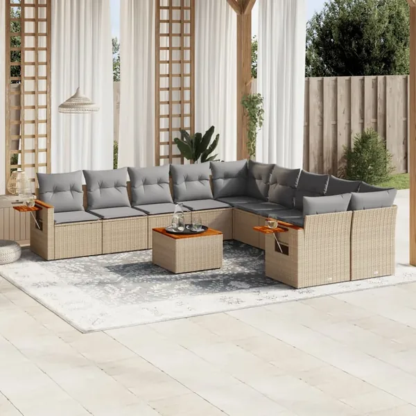 Salon de jardin 11 pcs avec coussins beige résine tressée