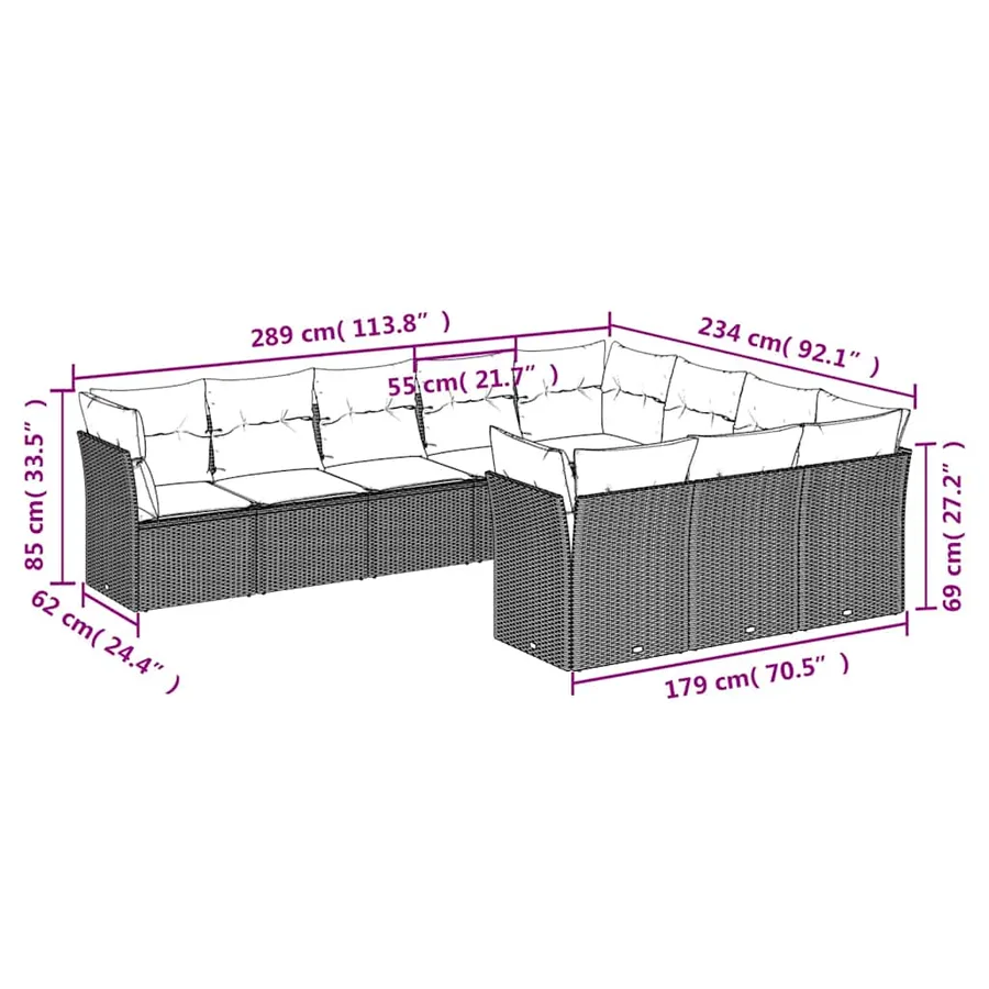 Salon de jardin 10 pcs avec coussins noir résine tressée - 3