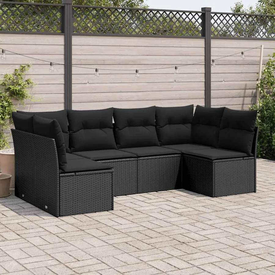 Salon de jardin 6 pcs avec coussins noir résine tressée