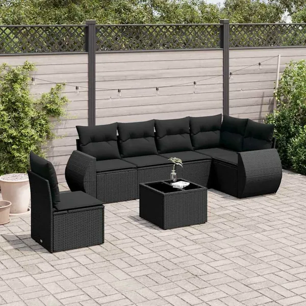 Salon de jardin 7 pcs avec coussins noir résine tressée 62 x 62 x 69 cm - 56,1 kg