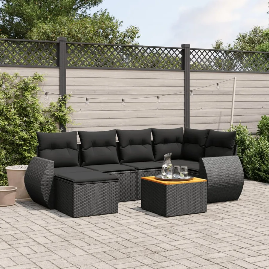 Salon de jardin 7 pcs avec coussins noir résine tressée 62 x 62 x 69 cm - 56,2 kg