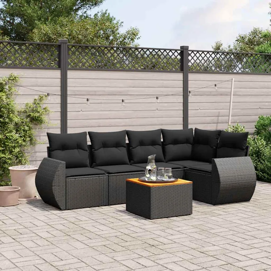 Salon de jardin 6 pcs avec coussins noir résine tressée