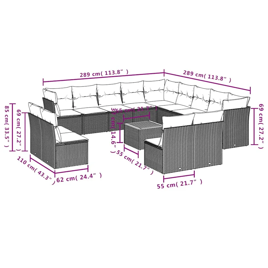 Salon de jardin avec coussins 14 pcs noir résine tressée - 3