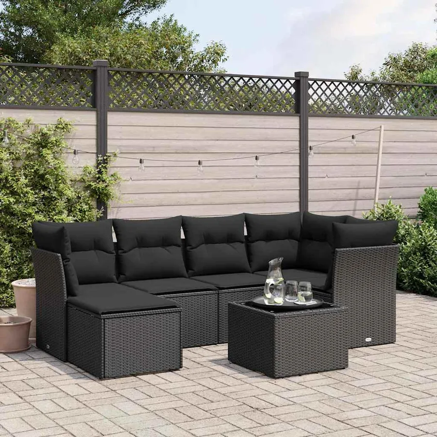 Salon de jardin 7 pcs avec coussins noir résine tressée 62 x 62 x 69 cm - 58,1 kg