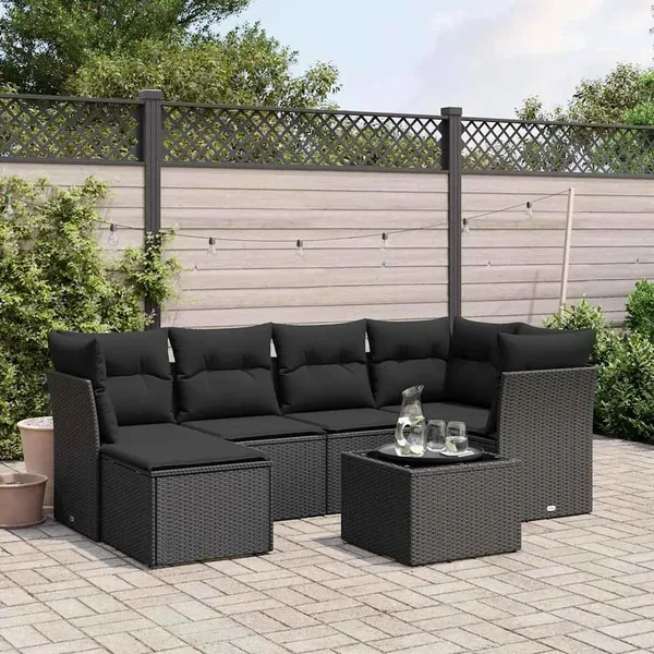 Salon de jardin 7 pcs avec coussins noir résine tressée 62 x 62 x 69 cm - 58,1 kg