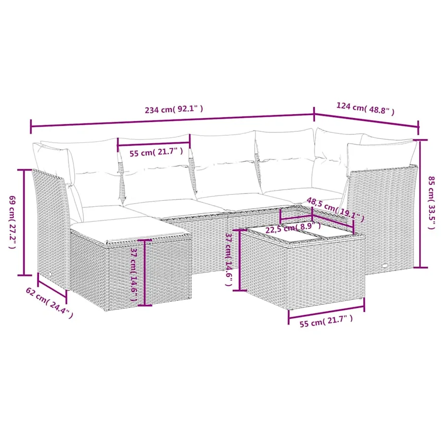 Salon de jardin 7 pcs avec coussins noir résine tressée 62 x 62 x 69 cm - 58,1 kg - 4