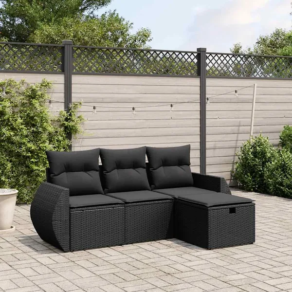 Salon de jardin 4 pcs avec coussins noir résine tressée