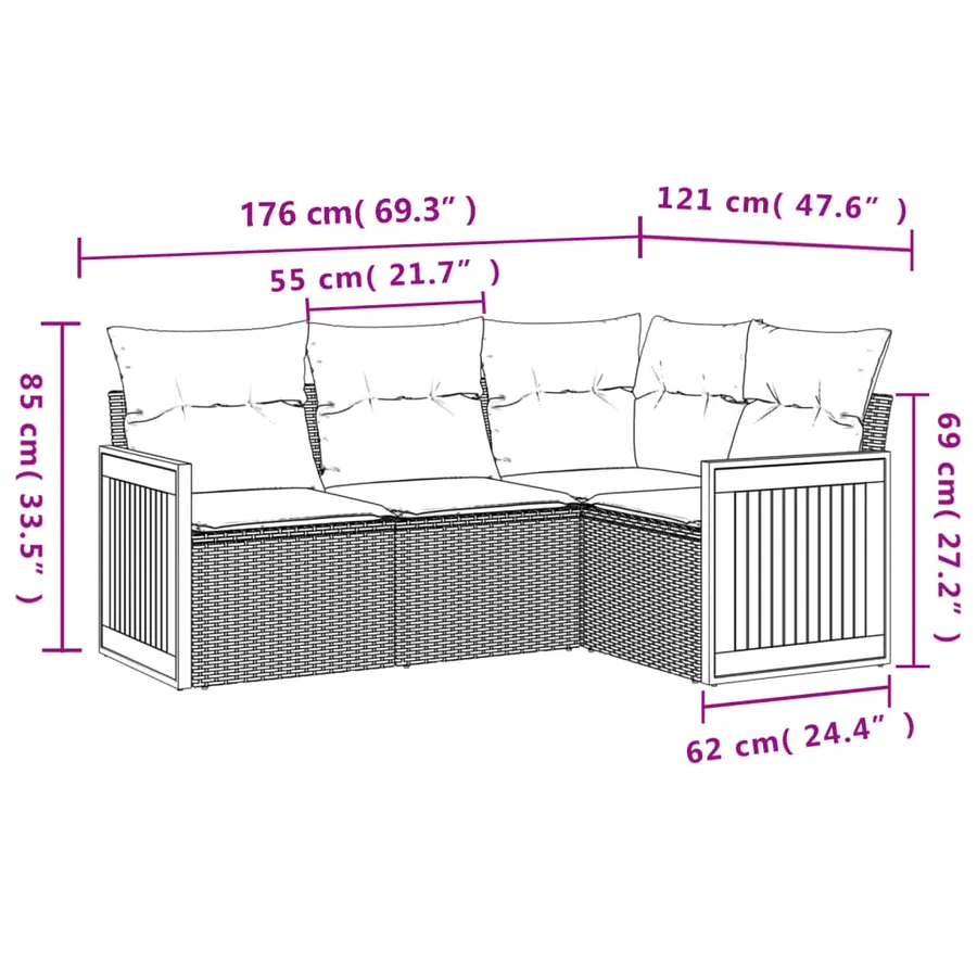 Salon de jardin 4 pcs avec coussins gris résine tressée - 7