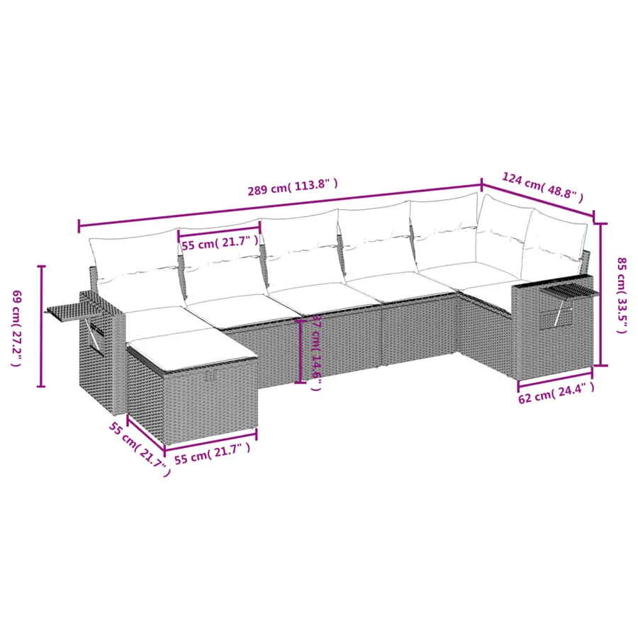Salon de jardin 7 pcs avec coussins noir résine tressée 62 x 62 x 69 cm - 55,7 kg - 4