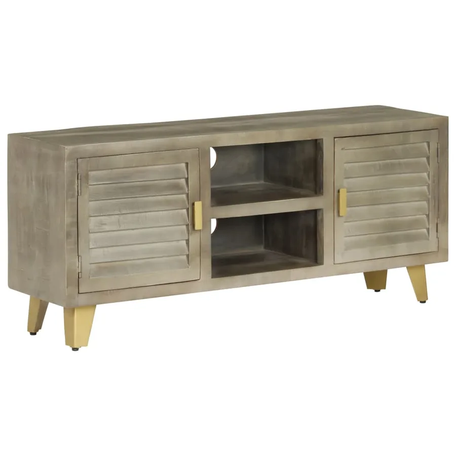 Meuble TV Bois solide de manguier Gris avec laiton 110x30x48 cm - 11