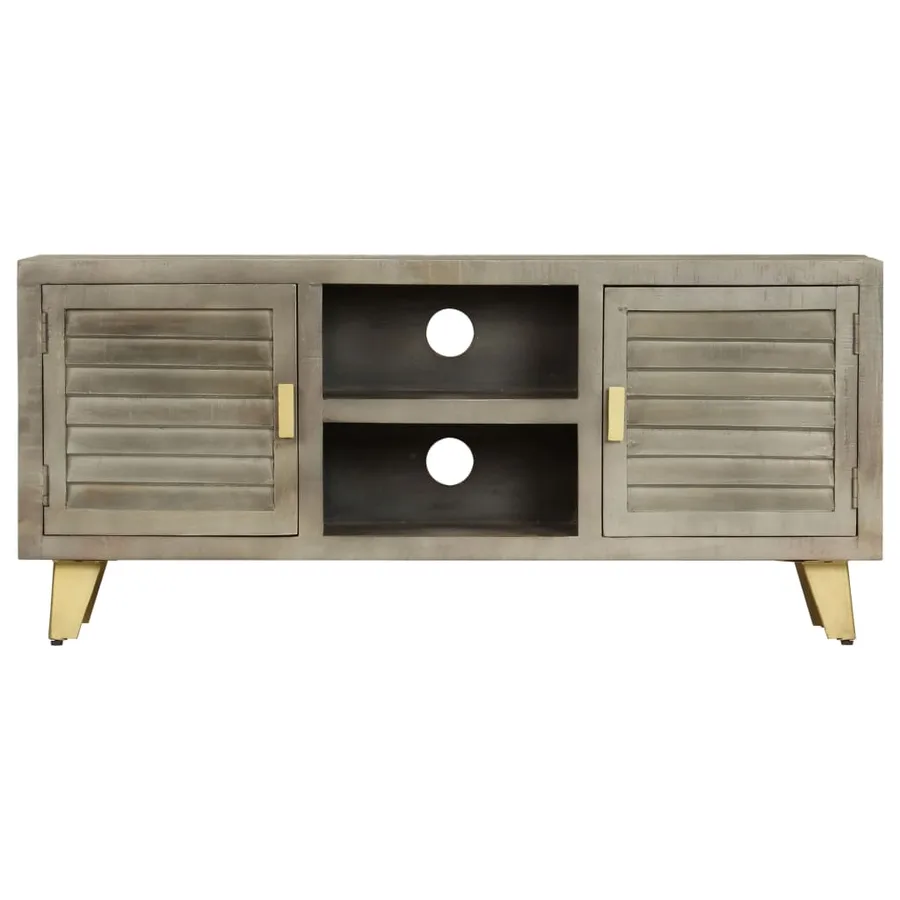 Meuble TV Bois solide de manguier Gris avec laiton 110x30x48 cm - 2