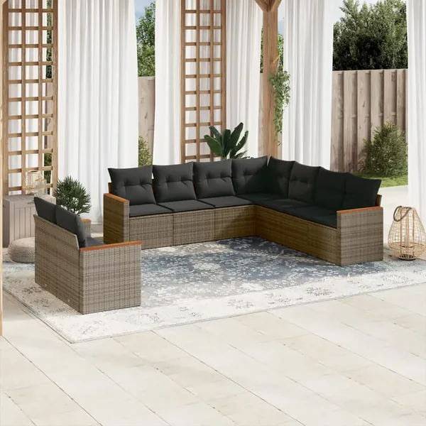 Salon de jardin 9 pcs avec coussins gris résine tressée