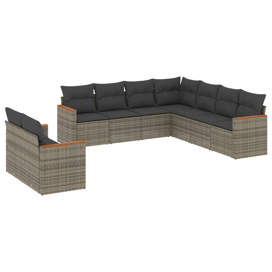 Salon de jardin 9 pcs avec coussins gris résine tressée - 2