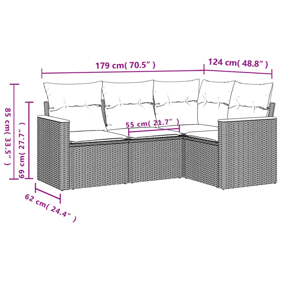 Salon de jardin 4 pcs avec coussins gris résine tressée - 7