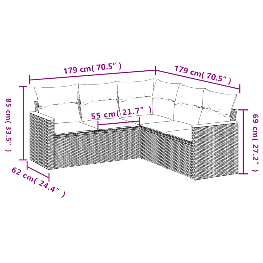 Salon de jardin 5 pcs avec coussins gris résine tressée - 7