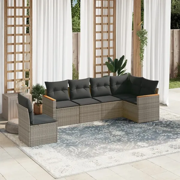 Salon de jardin 6 pcs avec coussins gris résine tressée