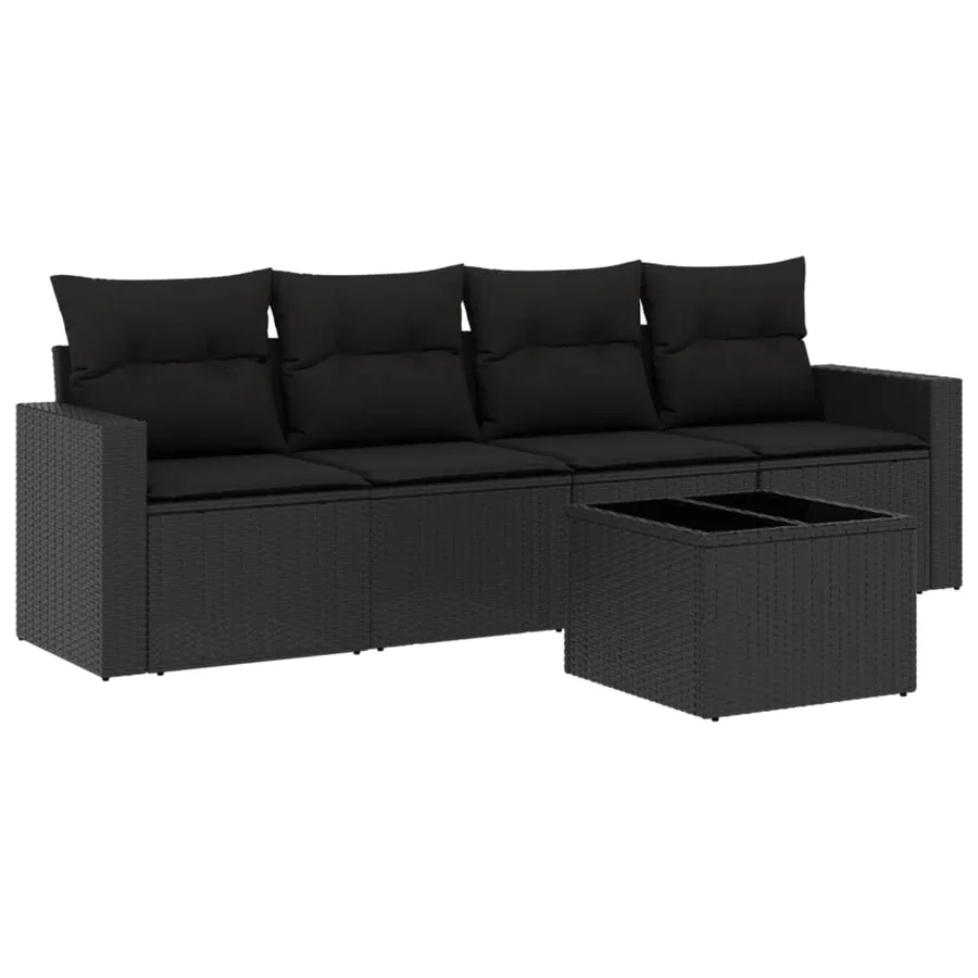 Salon de jardin 5 pcs avec coussins noir résine tressée - 2