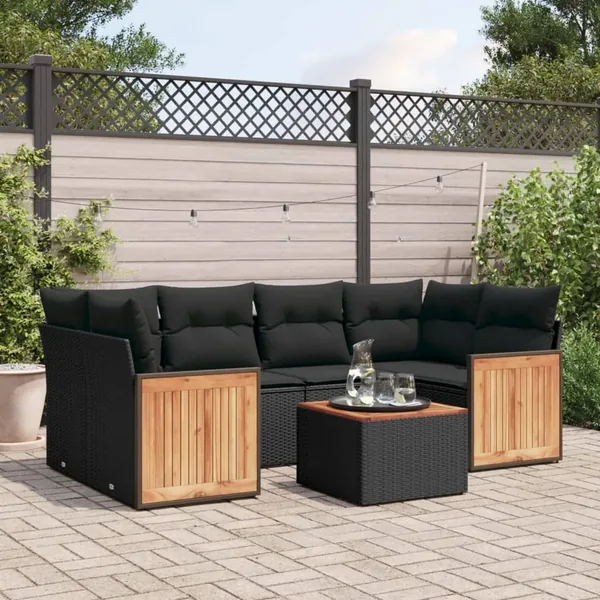 Salon de jardin 7 pcs avec coussins noir résine tressée 62 x 62 x 69 cm - 64,2 kg