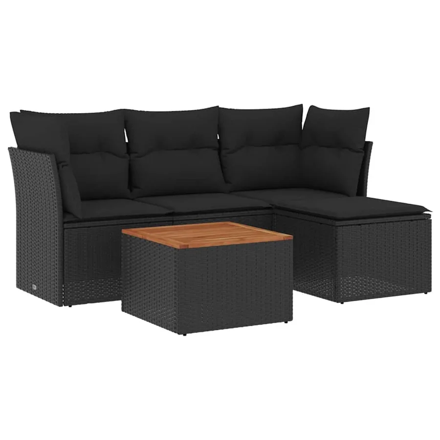 Salon de jardin 5 pcs avec coussins noir résine tressée - 2