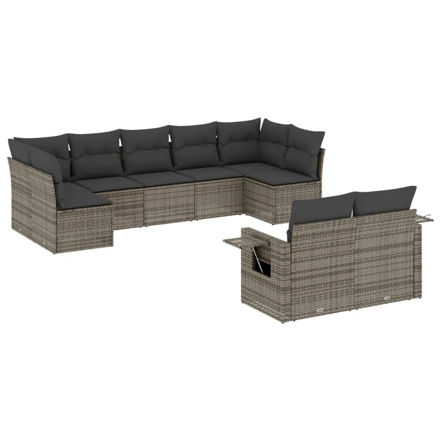 Salon de jardin 9 pcs avec coussins gris résine tressée - 2
