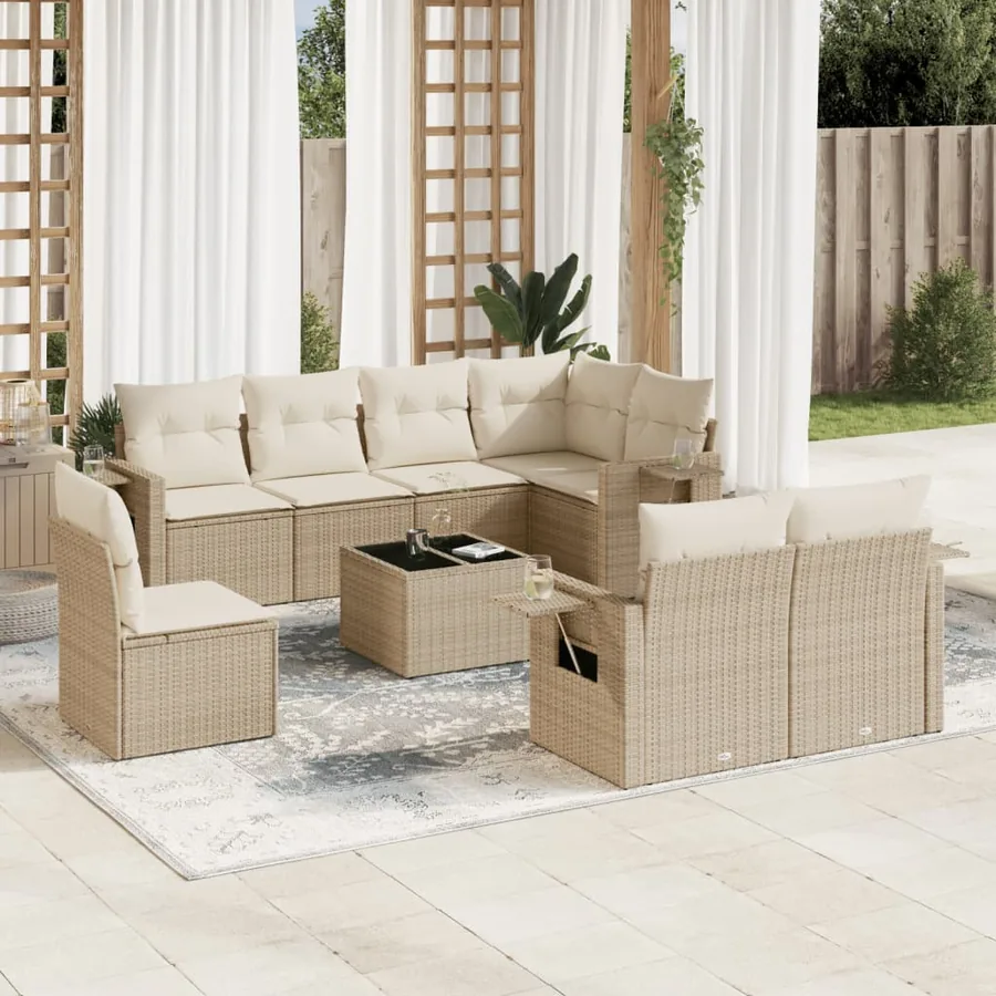 Salon de jardin avec coussins 9 pcs beige résine tressée