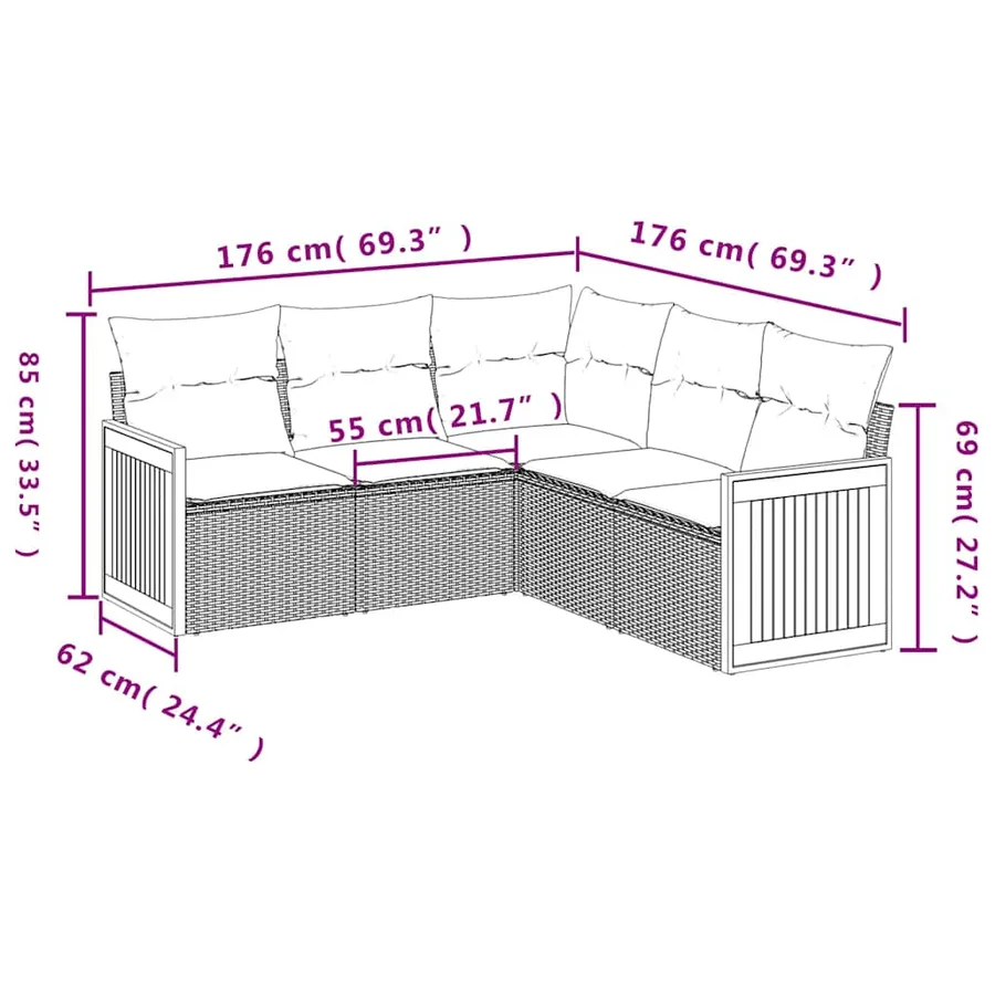 Salon de jardin 5 pcs avec coussins noir résine tressée - 7