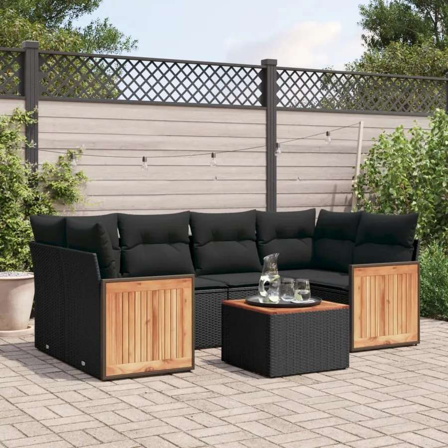 Salon de jardin 7 pcs avec coussins noir résine tressée 62 x 62 x 69 cm - 61,1 kg