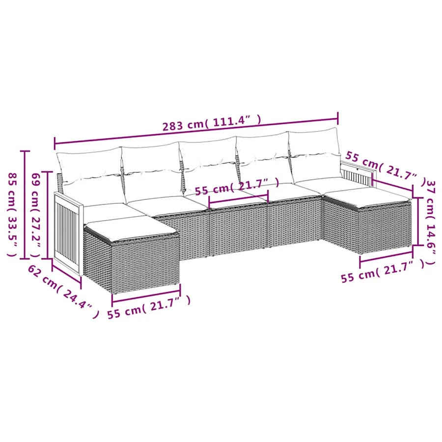 Salon de jardin 7 pcs avec coussins noir résine tressée 55 x 62 x 69 cm - 55,0 kg - 7