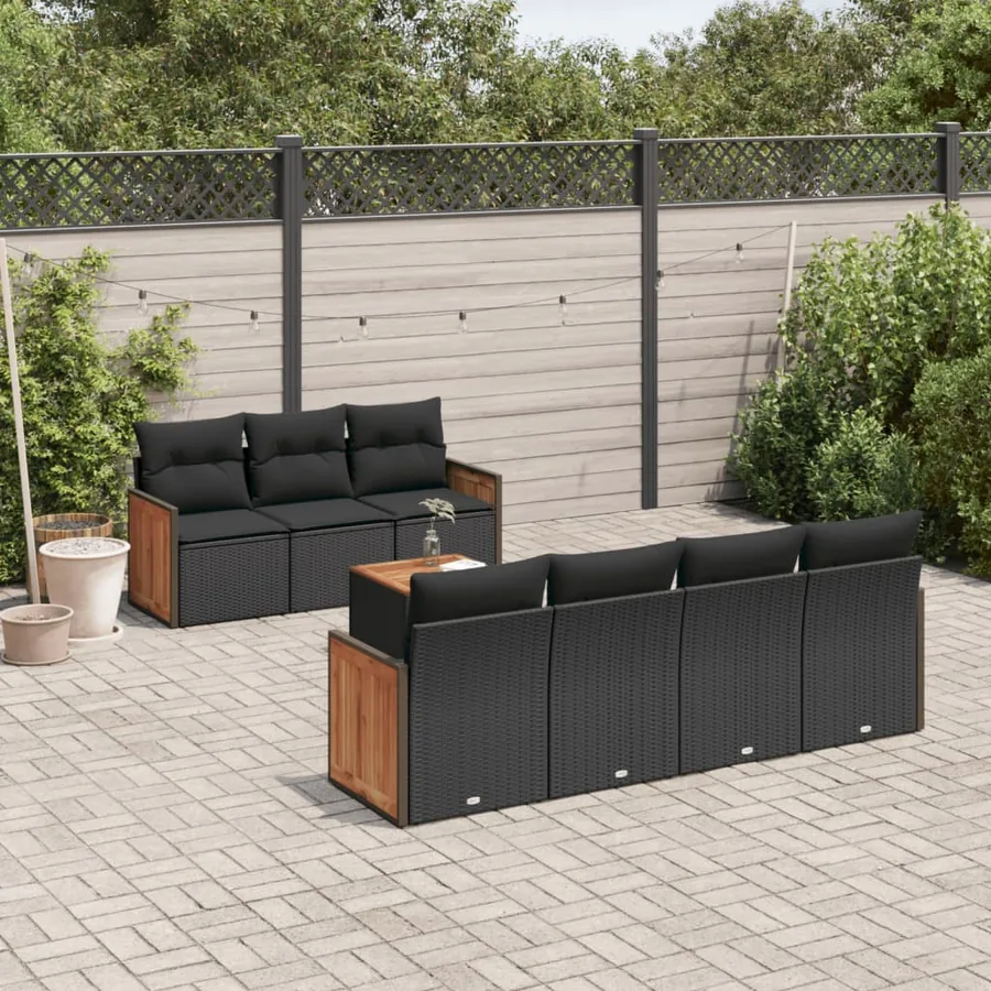Salon de jardin 8 pcs avec coussins noir résine tressée