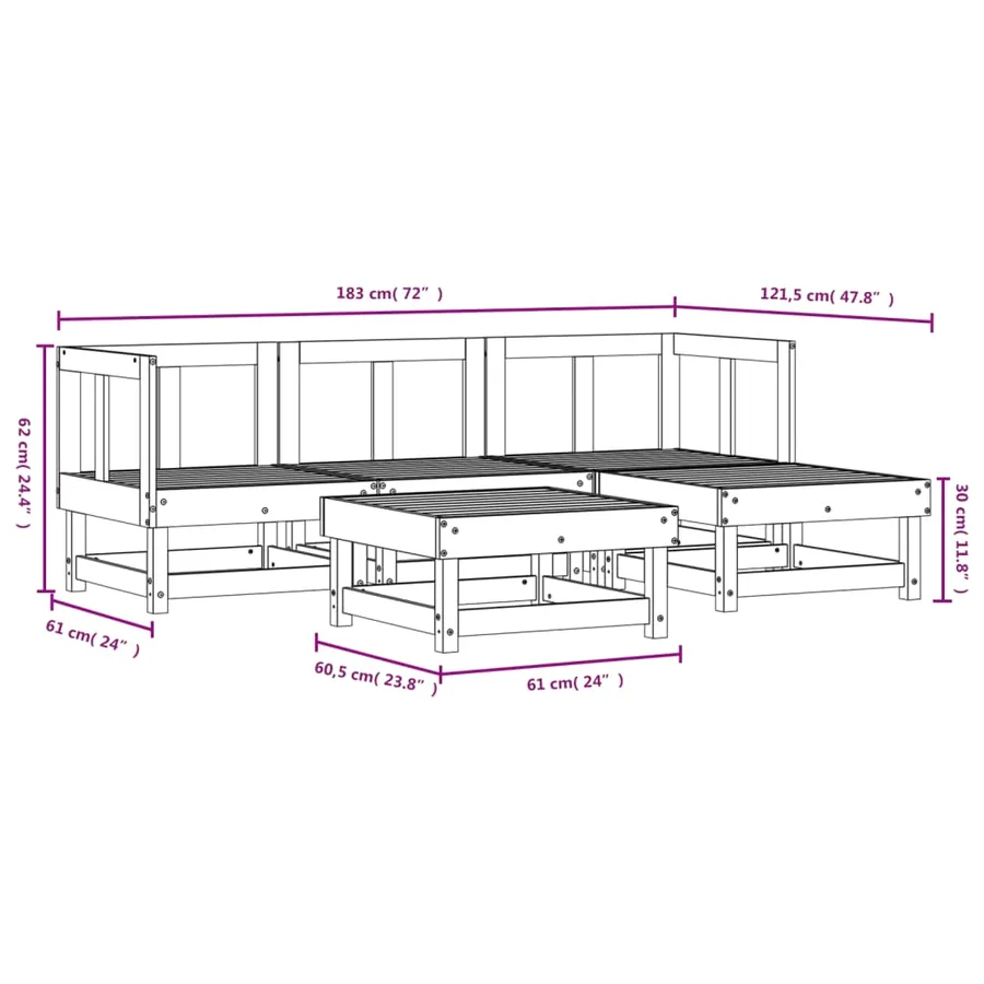 Salon de jardin 5 pcs blanc bois massif de pin - 7